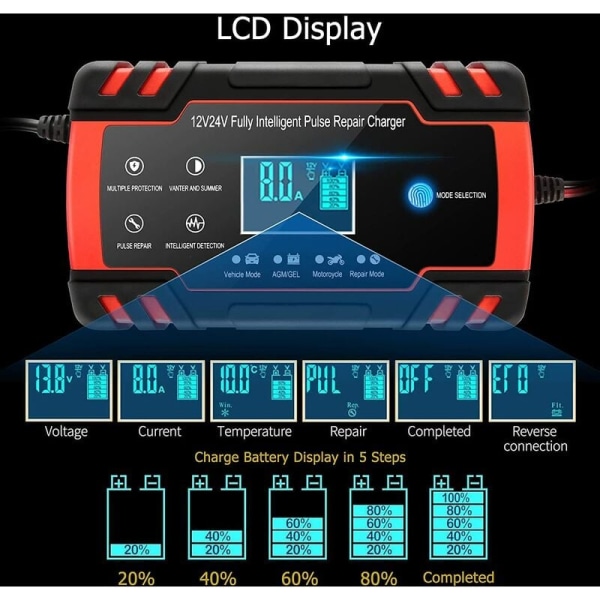 12V/24V 8A Intelligent Batterilader, Batterilader Vedligeholdelse og Automatisk Reparation Bærbar Funktion med LCD-skærm, til Bil Motorcykel Lastbil