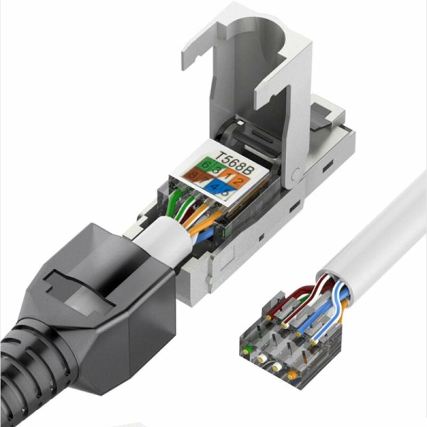 2 st verktygsfria RJ-45 Cat6/6A modulära pluggar för fältanslutning, Cat6A RJ45 skärmad för 23-26AWG installationskabel