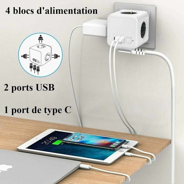 Kubevegg Strømbryter med 4 Uttak og 3 USB-porter, 7-i-1 USB Strømbryter med Bryter for Hjem, Kontor