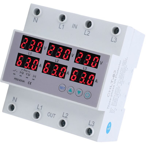 Trefas DIN-skena Voltmeter, AC 390-500V Trefas DIN-skena Voltmeter Amperemeter Automatisk Överspänning och Överströmsskydd Multi-Tester, Mul