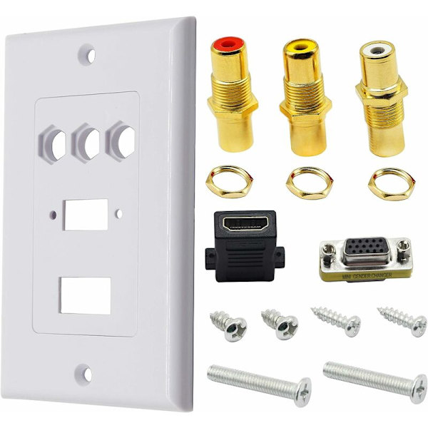 3RCA + HDMI + VGA seinäteline HDMI-komponentti komposiittiääni-video laturipistorasia seinävirtapistorasia pidike etulevy paneeli kansi valkoinen (3RCA & HDMI