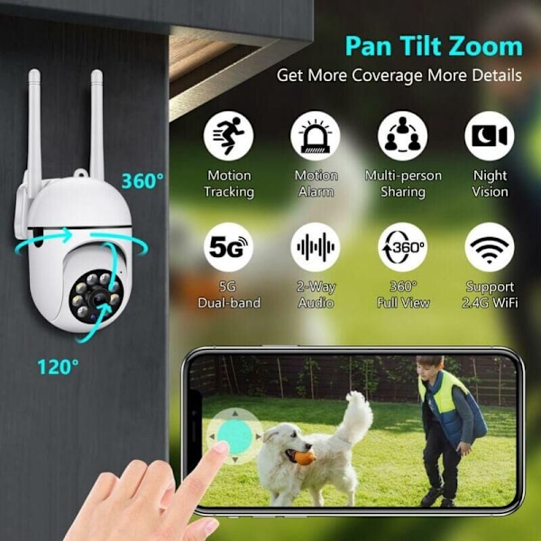 Utomhus IP-övervakningskamera WiFi 2.4 + 5G HD 1080P Zoom x4 Människo-spårning Nattseende, Svart