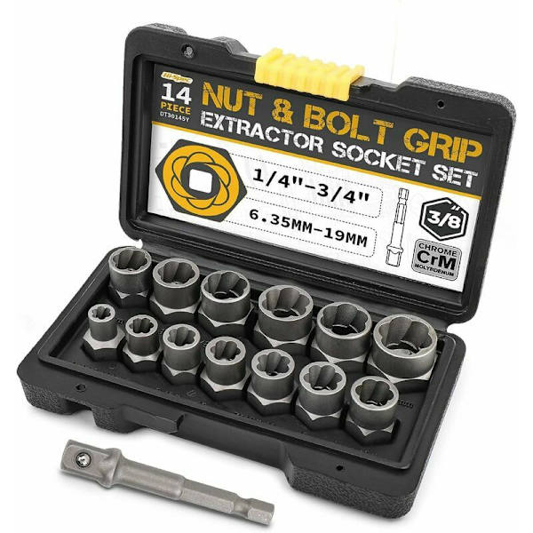 Muttertrekker og bolt håndtak socket sett for å fjerne strippet og fastlåste festemidler. Størrelser fra 6,4 mm til 19 mm / 1/4\" til 3/4\" 13 deler