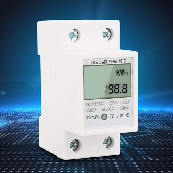 Enfasisk strømmeter DIN-skinne 35 mm, 230 V 50 Hz Elektronisk kWh-meter 5-80 A med LCD-skjerm, Enfasisk elektronisk strømmeter DIN-skinne
