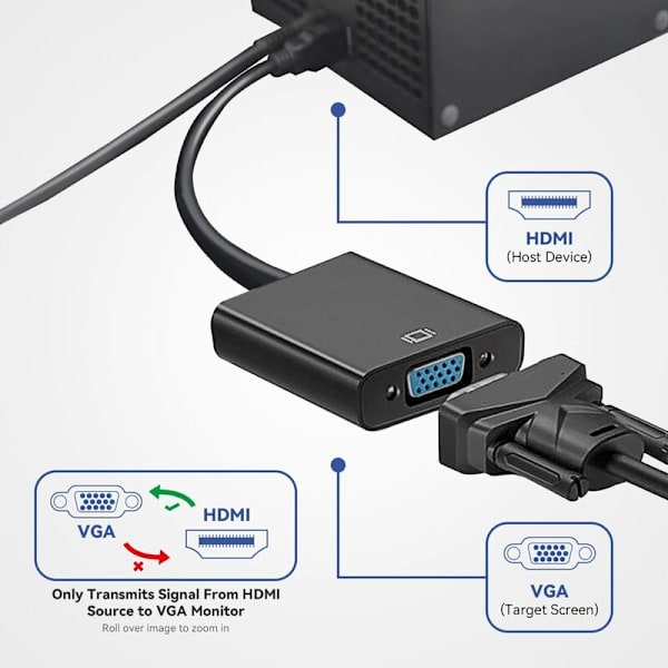 till VGA HDMI till VGA-adapter 1080P, HDMI VGA med laddning (ström) Micro USB och 3,5 mm ljudutgångsjackportar för Macbook, bärbar dator, Apple TV, TV-box (