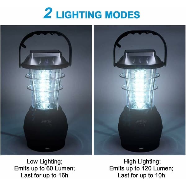 Solcellelygte, Ultra Lysstærk LED Campinglampe, 2 Justerbare Lystilstande, 5 Opladningsmetoder, med Håndsving Dynamo, Lang Belysningstid til Campin