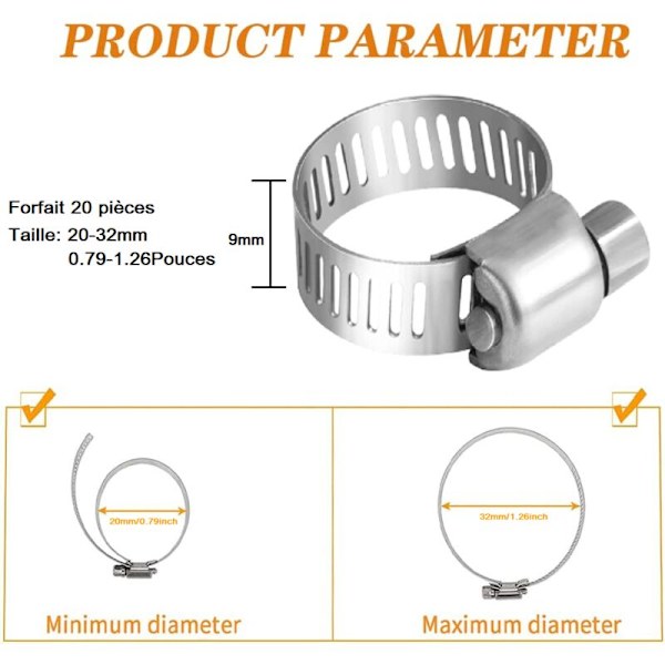 20 kpl Putken Letkukiinnike, Säädettävä Letkukiinnike 20-32mm, 304 Ruostumattomasta Teräksestä Valmistettu Letkukiinnike, Metalliletkukiinnike, Putkelle, Koti-Kaasulle, Perheen Vesiputkelle, C