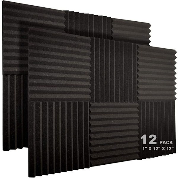 Paket med 12 akustikpaneler 10 spår 1 x 12 x 12 tum akustiskt skum Studio ljudisolering Kilformade paneler med hög densitet Brandbeständiga paneler (Svart)