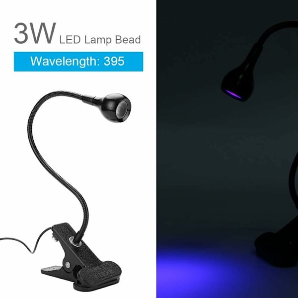 UV-lim Curing Light, 3W USB UV-limlampe Ultrafiolett LED USB Fiolett Lys med Klips og Bryter, UV LED Ultrafiolett Lommelykt HIASDFLS