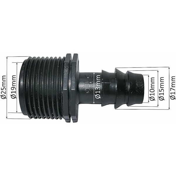 Sarja 10 piikkimäistä urosadapteria/liitintä Ø16mmx3/4'' tippaletkulle ulkokierteellä (Ø16mm putkelle) - liitin kastelu-/kastelujärjestelmään