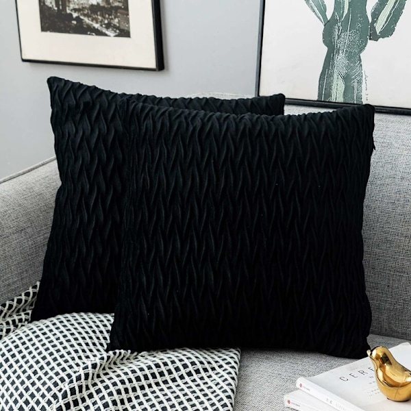 Fløjlsbetræk til puder 45x45cm til stue sofa - Sæt med 2 ensfarvede firkantede pudebetræk til soveværelsesdekoration, Sort