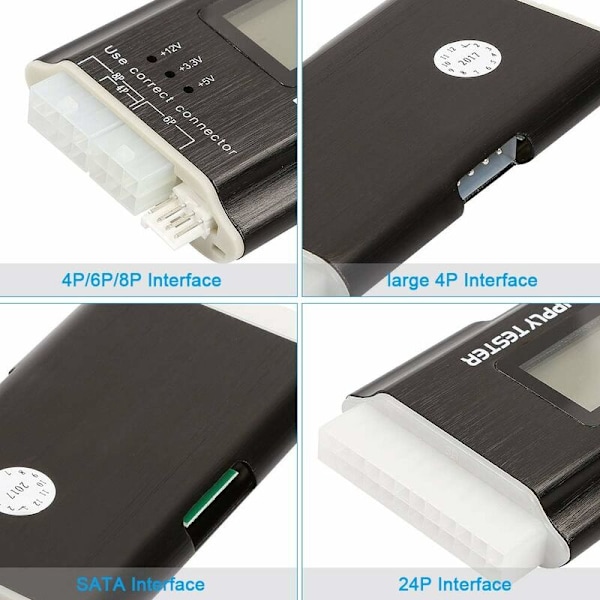 20/24 4/6/8 Pins Computer PC Strømforsyningstester til ATX, ITX, BTX, PCI-E, SATA, HDD Sort Farve