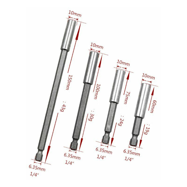 Kampanj Magnetisk Bithållare Set om 10 st Skruvmejsel Bitsförlängning 1/4\" Hex Skaft Elverktyg 60mm