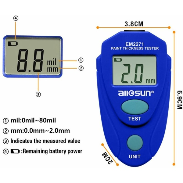 Thickness Gauge Paint Thickness Meter Paint Thickness Meter for Car Automotive Tool Auto Digital Calibration Data Hold Mini Size with LCD Display