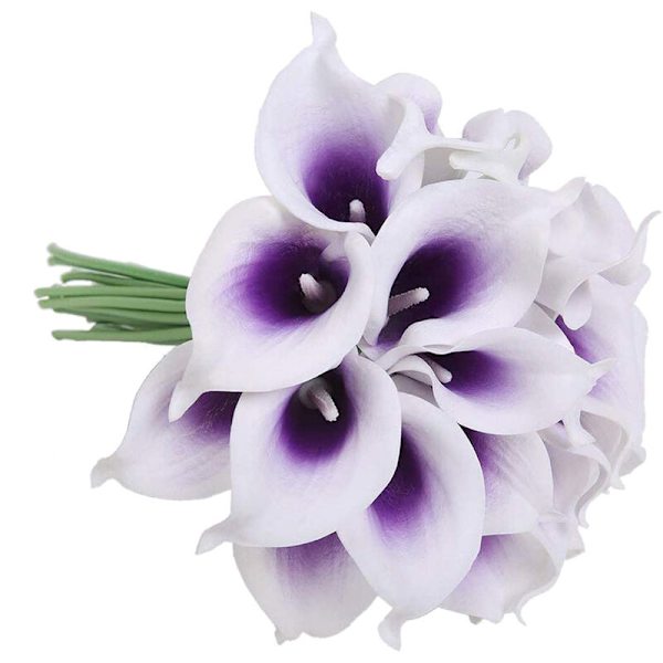 24 stk kunstige Calla Lily blomster til DIY midtpunkter brudebukett hjemmedekor (lilla i hvitt)
