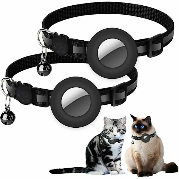 2-pak Airtag-kattkrage med bjelle og 3/8 bred sikkerhetslås, reflekterende hundekrage med vanntett silikondeksel kompatibelt med