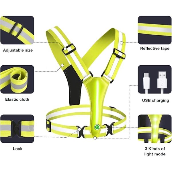 Løpe Refleksvest - Oppladbar LED Sykkel Refleksvest med Justerbar Størrelse med 2 Refleksstriper, for Jogging, Hiking, Hundespaseturer,
