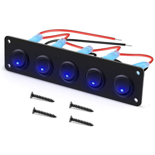 5-veis rund instrumentpanel vippebryterpanel vanntett 12-24V LED for RV-skip yacht marine bil marine skip blå