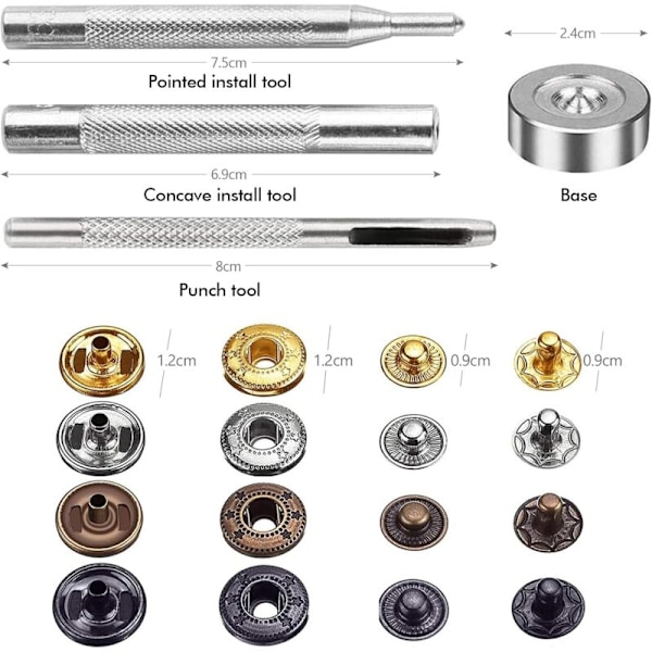 120 stk. Metal Tryklåse 4 Farver Læder Trykknap Tøj Kobber Tryklås med 4 stk. Fastgørelsesværktøjer til Tøj Læder Håndværk (12mm)