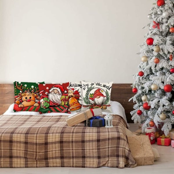 Julepudebetræk 45x45cm, Sæt med 4 Juledekorative Sofa i Bomuld og Linned Jul til Sofa Seng Sovestol Have-Julefarve