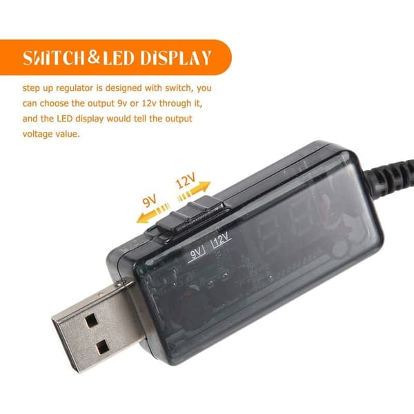 USB Boost-kabel 5V til 9V 12V Justerbar Spenningskonverter 1A Step-Up Volt DC Transformator Regulator med Bryter og LED Voltmeter Display