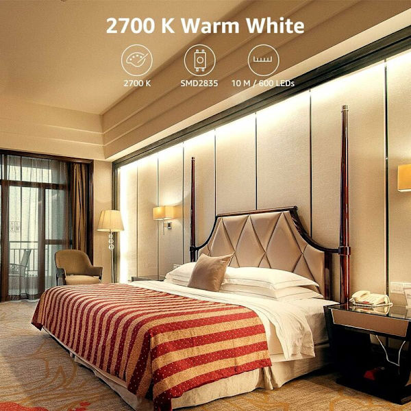 10M Dimbar LED-stripe, Varmhvit LED-stripe 3000K 600 SMD 2835 LED-er, 12V Selvklebende LED-stripe med Dimmer, Kontakter + Transformator, Interiør Li