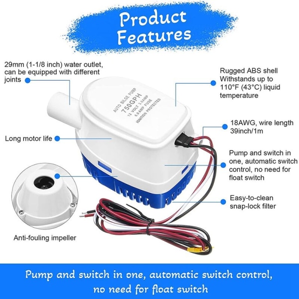 Automaattinen pilssipumppu veneisiin 12V upotettava pumppu kellukytkin automaattinen pilssipumppu, 750