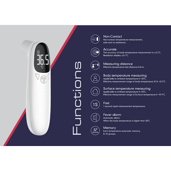 Øretermometer (Professionel Nøjagtighed, Pålidelig Lydfeberindikator, Temperatur Screening, Feber, Hurtig, Nem at Bruge, Hygiejnisk, Baby, Voksne)