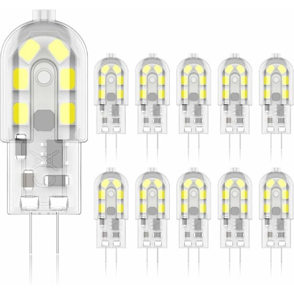 G4 2W LED-pære, 20W tilsvarende halogenpærer, kald hvit 6000k, 200Lm, 12x SMD, 12V AC/DC-pakke med 10 [Energiklasse A+]