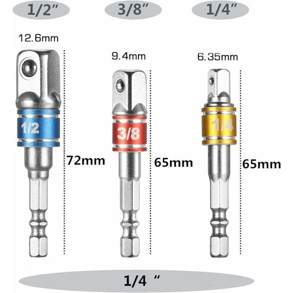 3 kpl kuusiokolopidikkeitä - 1/4\", 1/2\", 3/8\" - Adaptereita ja liittimiä