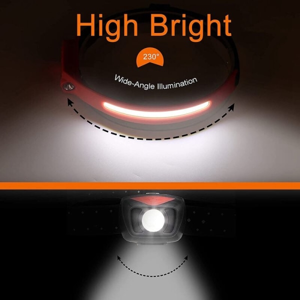 Huvudstrålkastare, Uppladdningsbar LED-huvudstrålkastare 1200 Lumen 2 COB 230 Grader med Rörelsesensor 5 Lägen, Röd
