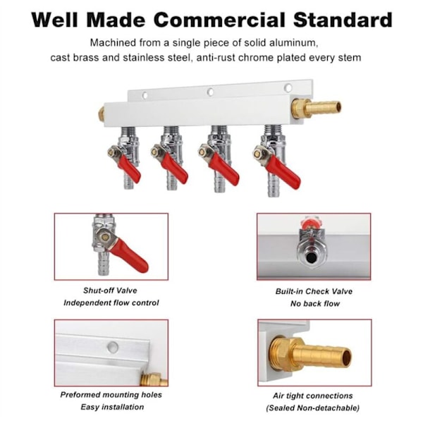 4-vejs Gasmanifold CO2-fordeler Indbygget Kontrolventil Barb 5/16 tommer