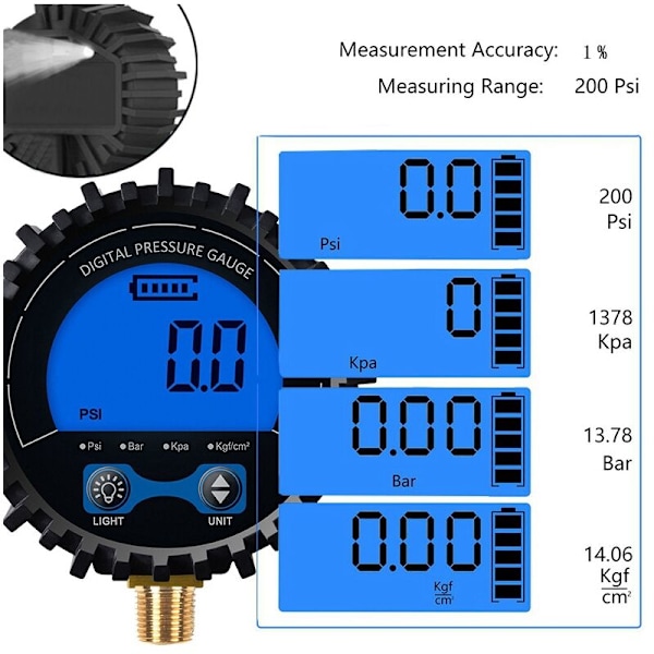Digitalt däcktrycksmätare Däcktestare Display Lufttrycksmätare 1/8 gänganslutning