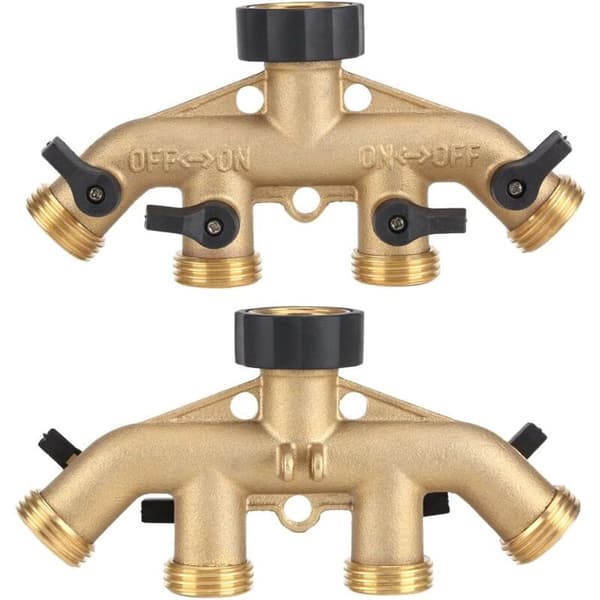 3/4 Trådgårdsslangeforbindelse Heavy Duty Messing 4-vejs Gåsehals Splitter Adapter Vandslange Lukkeventil Forbindelse til Plænehave