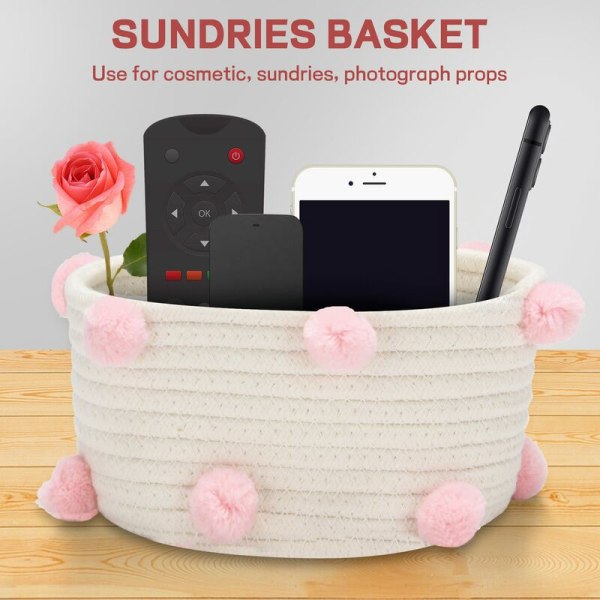 Sød vævet bomuldsopbevaringskurv Pom Pom Dekor Afsluttende Tilbehør Nordisk Kosmetik Afsluttende Boks Organizer Pink Ramme