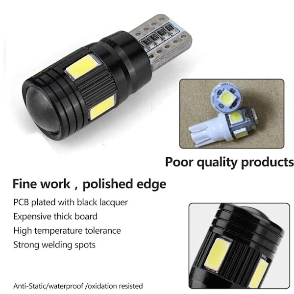 2 st T10 Canbus LED-billampor för bil 12V Felkodfri 5730 6Smd W5W 168 194 Lins 6000K