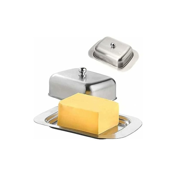 Smørboks i rustfritt stål, smørboks i metall med lokk, smørklokke smørboks smørkjøler smørboks sølv, 12,2 x 18,5 x 6,8 cm-