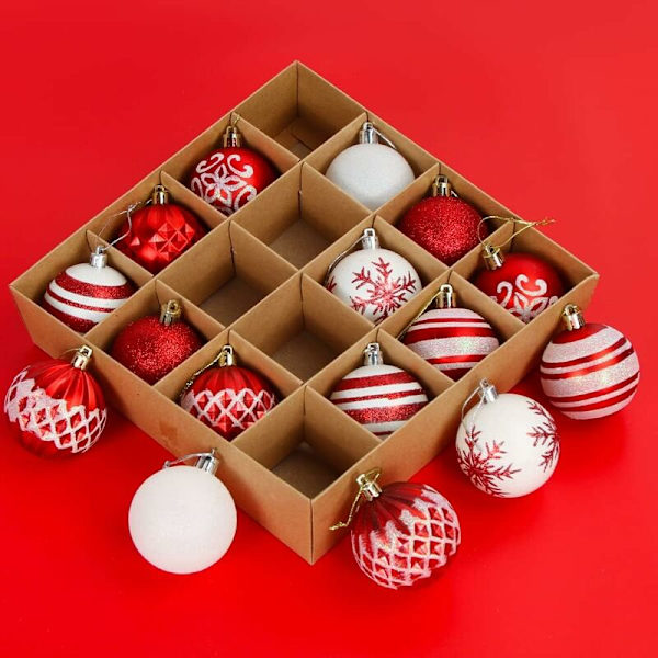 Röda och vita julgranskulor, 16 st julgranskulor 6 cm, julgransprydnad, målade plastjulgranskulor med snöre för inomhusbruk