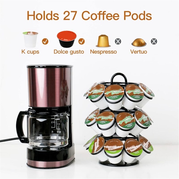 Kaffepodholder, Kaffeoppbevaring Kompatibel med K-Kopper (27 Pods), 360 Graders Rotasjon, Svart