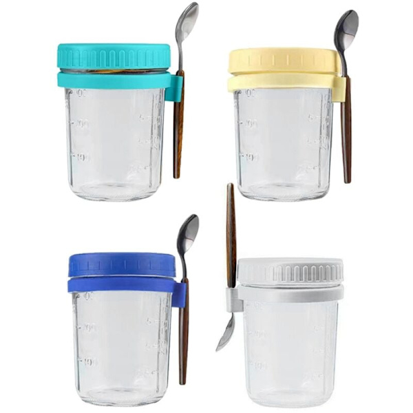 4-delt beholder med lokk og skje, glasskrukker egnet for yoghurt, frokostblandingspudding, forseglet havregrynglass
