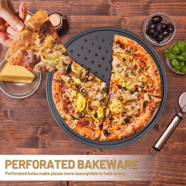 Sæt med 3 perforerede runde pizzapander i rustfrit stål med non-stick belægning 26cm/28cm/32cm