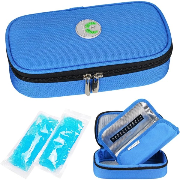 Insulin Cooler Travel Case - Medisin Cooler Bag Medisiner Diabetes Isolert Organizer Bag med 2 Cooler Ice Packs (blå)