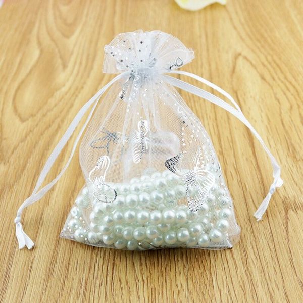 100 stk. Serie 9x12 cm Butterfly Organza Slikpose Snørepose Bryllup Gave Hvid