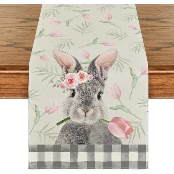 Bunny Tulip Flowers påskeduk, sesongens vårens kjøkkenborddekor, perfekt til hjemmefestdekorasjon