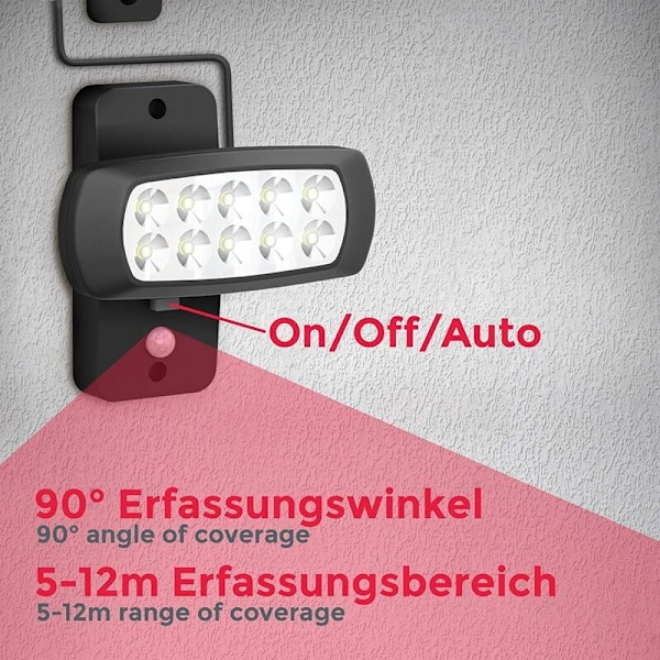 Utendørs LED solcellelys IP44, PIR bevegelsessensor, veggspotlight hus terrasse balkong svart, sprutsikker, kaldt hvitt lys 6500K