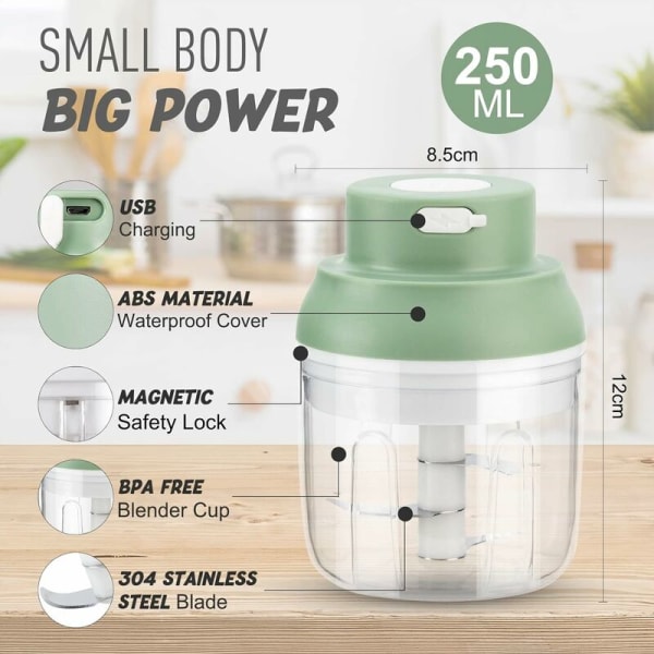 USB genopladelig elektrisk hakker, Mini grøntsagskutter, 250 ml kapacitet, Mini køkkenhakker med USB-oplader, foodprocessor, Ideel til løg,