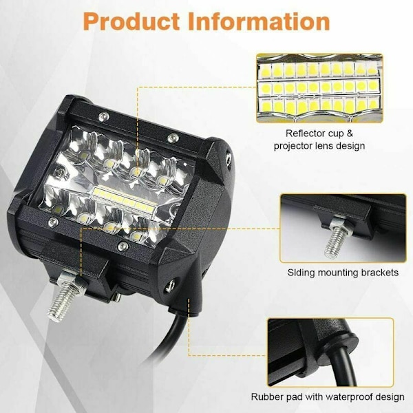 2 st 60W LED-spotlight, Spotlight Flood Combo Dimljus Körlampa, LED-strålkastare Långräckviddsljus för Off-Road Fordon Båt Hytt