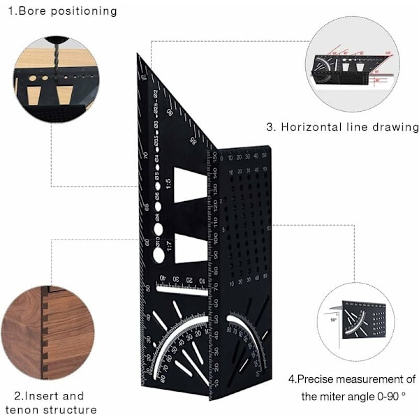 3D aluminiumslegering snekker vinkel, 90 til 45 graders profesjonell vinkelmåler, trebearbeiding måler egnet for snekker ingeniører