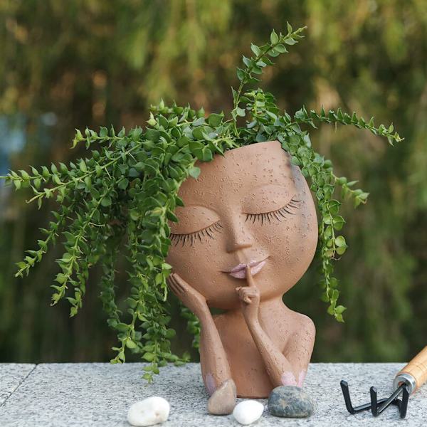 Ansiktsblomsterpotte - Blomsterpotter for innendørs og utendørs planter - Harpiksblomsterpotter med dreneringshull (middels størrelse) - Mørk-DENUOTOP