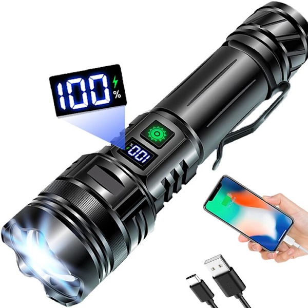 Høy Lysstyrke Oppladbar LED Lommelykt, 250 000 Lumen Lyssterk Vanntett Lommelykt med 5 Moduser og Digitalt Display